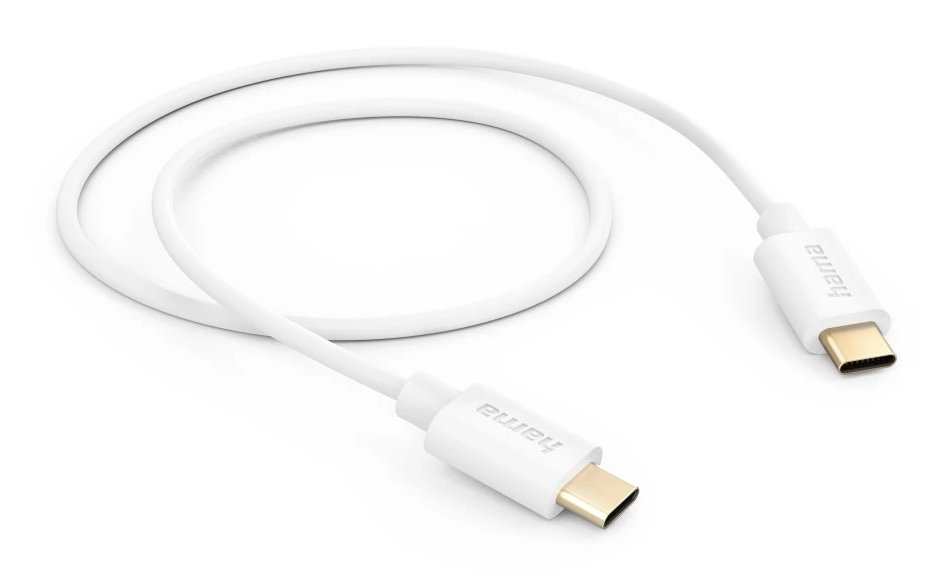 Biały kabel USB-C jest pokazany na białym tle. Oba końce mają logo marki „hama”.