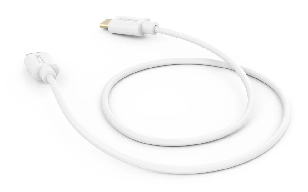 Biały kabel USB-C, ze złączem USB-C na obu końcach. Kabel jest zwinięty.