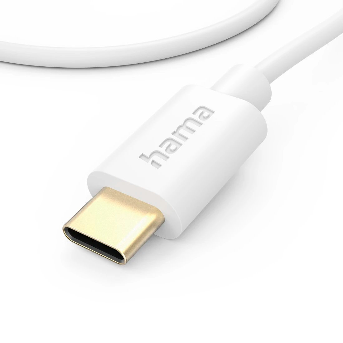 Biały kabel USB-C ze złotym złączem na białym tle.
