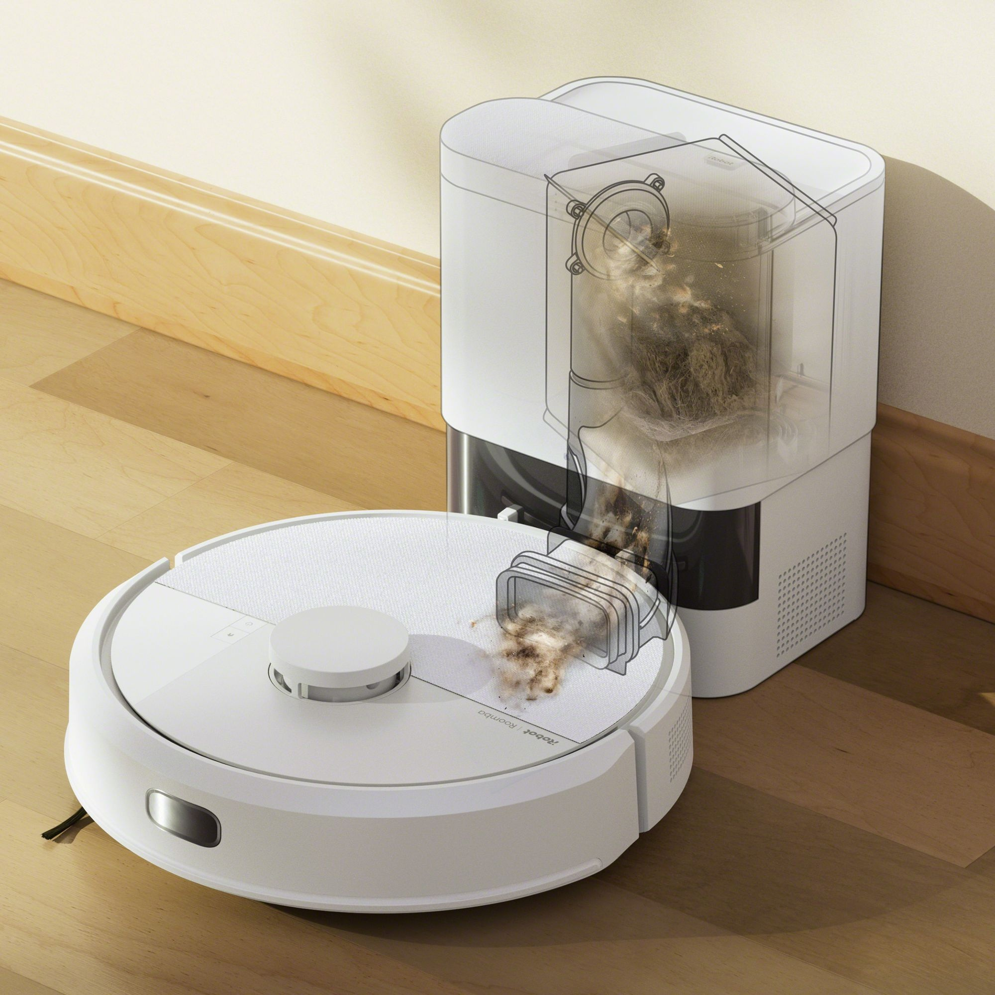 Biały robot sprzątający obok stacji samoczyszczącej. Stacja pokazuje zebrane zanieczyszczenia.