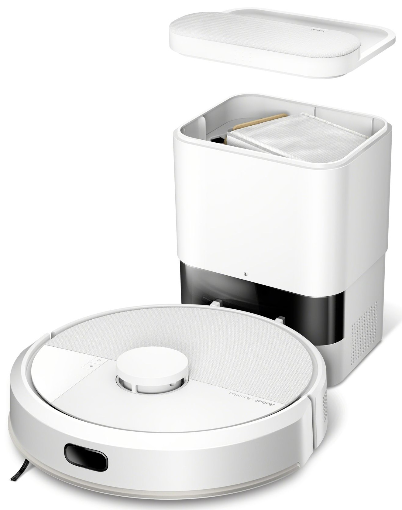 Biały robot sprzątający ze stacją ładującą.