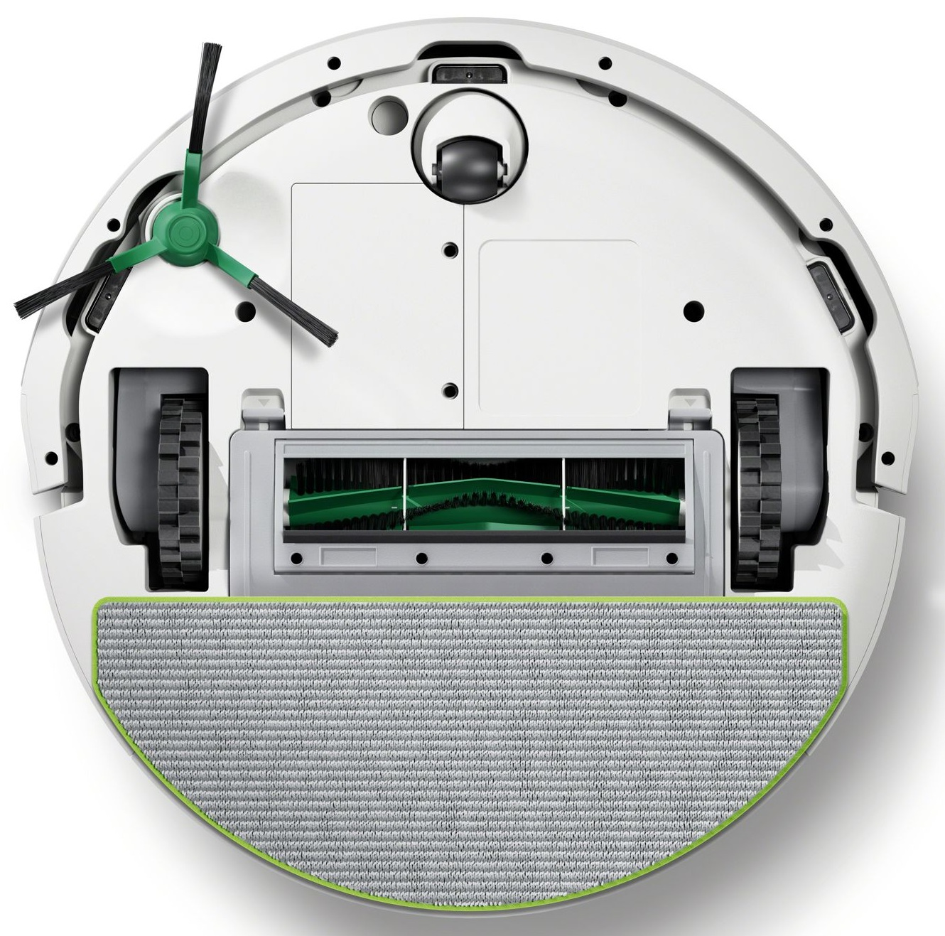 Biały, okrągły odkurzacz automatyczny z zieloną szczotką i kołami. Widok z góry.