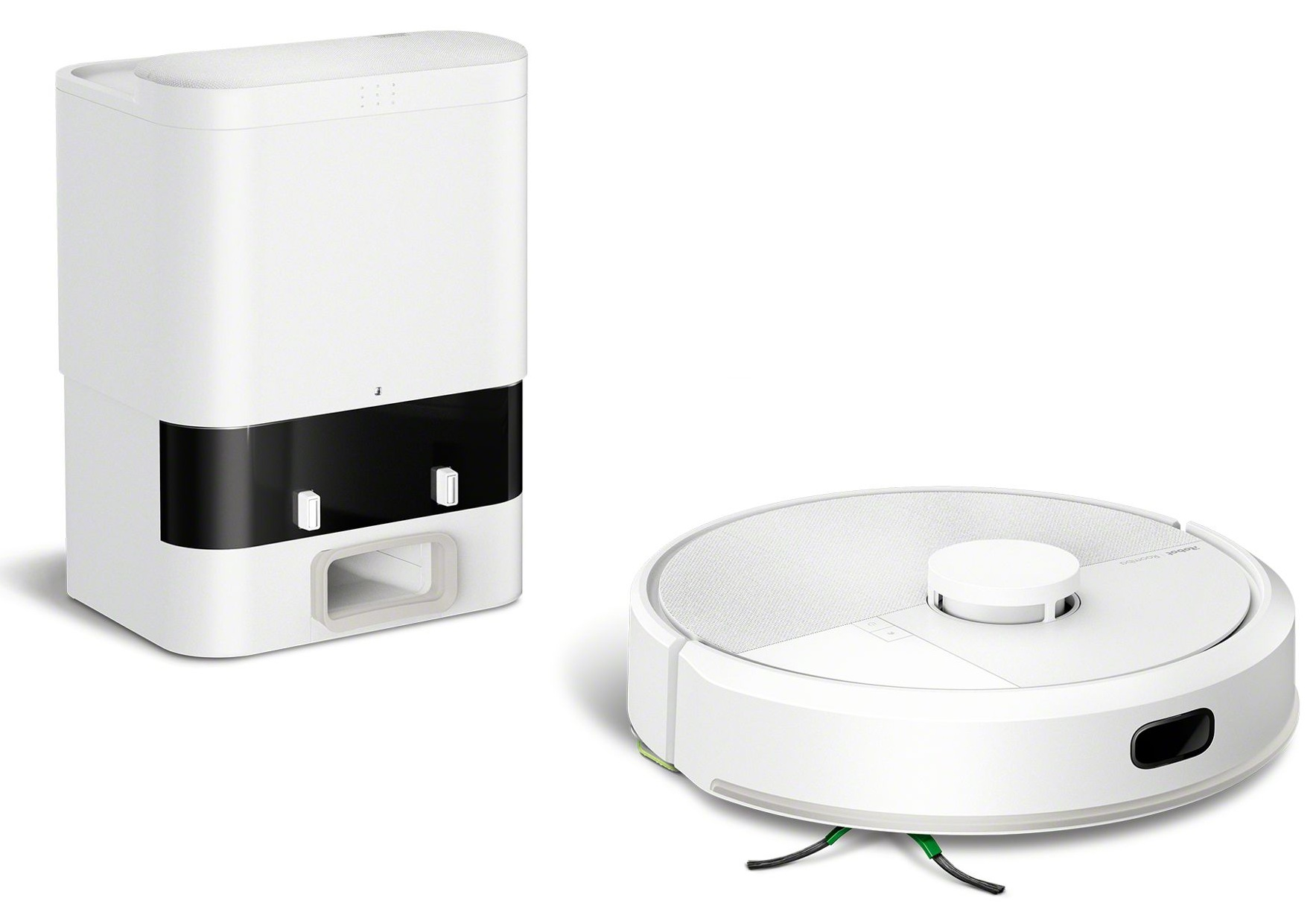 Biały robot sprzątający i jego biała stacja ładowania, na białym tle.