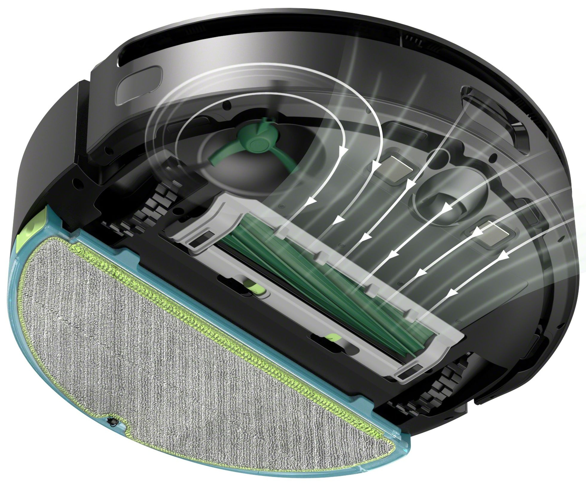 Szczegółowy widok przekroju czarnego robota odkurzającego, ujawniający jego wewnętrzne elementy.