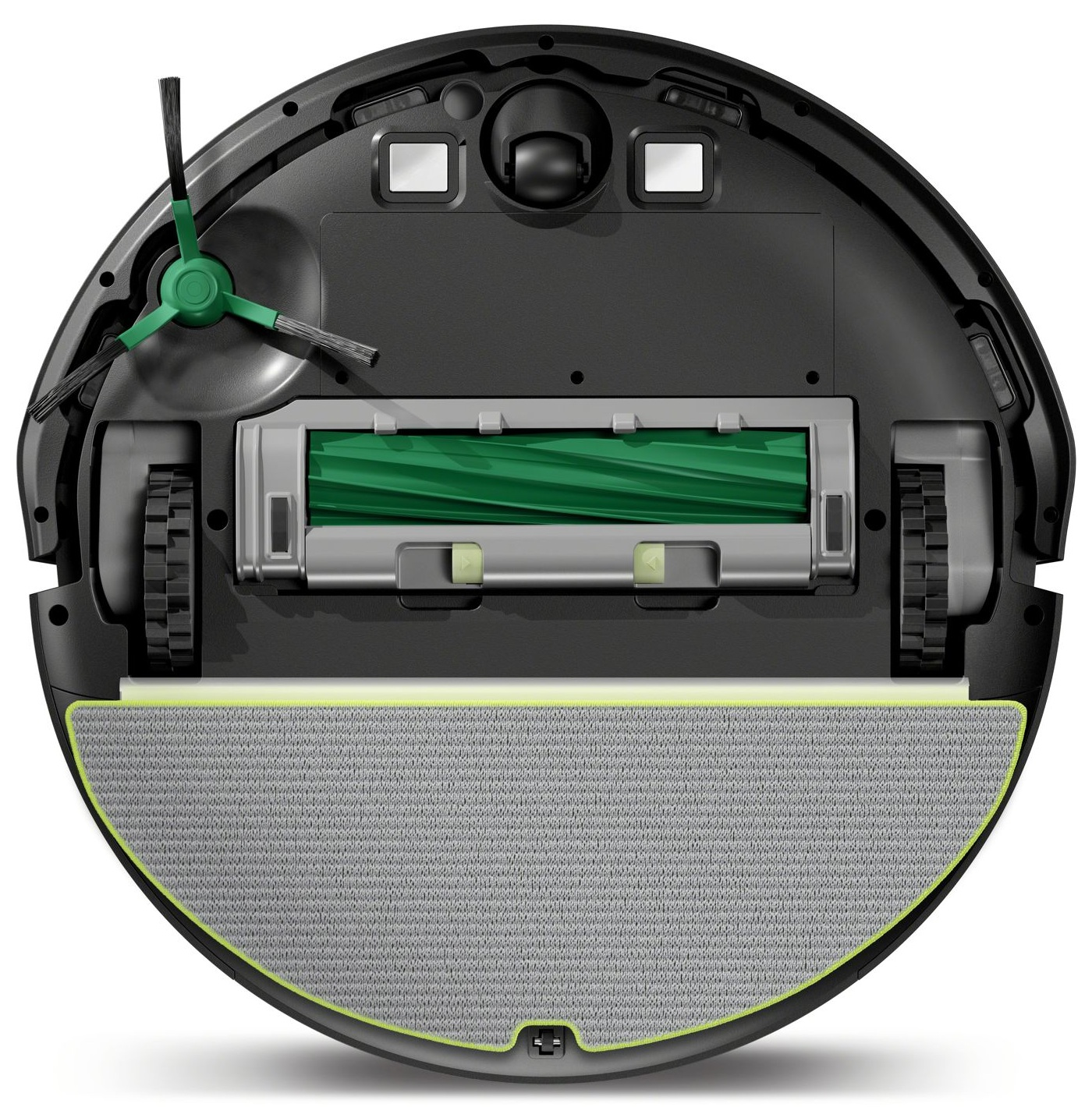 Spód czarnego robota sprzątającego pokazujący szczotkę i koła.