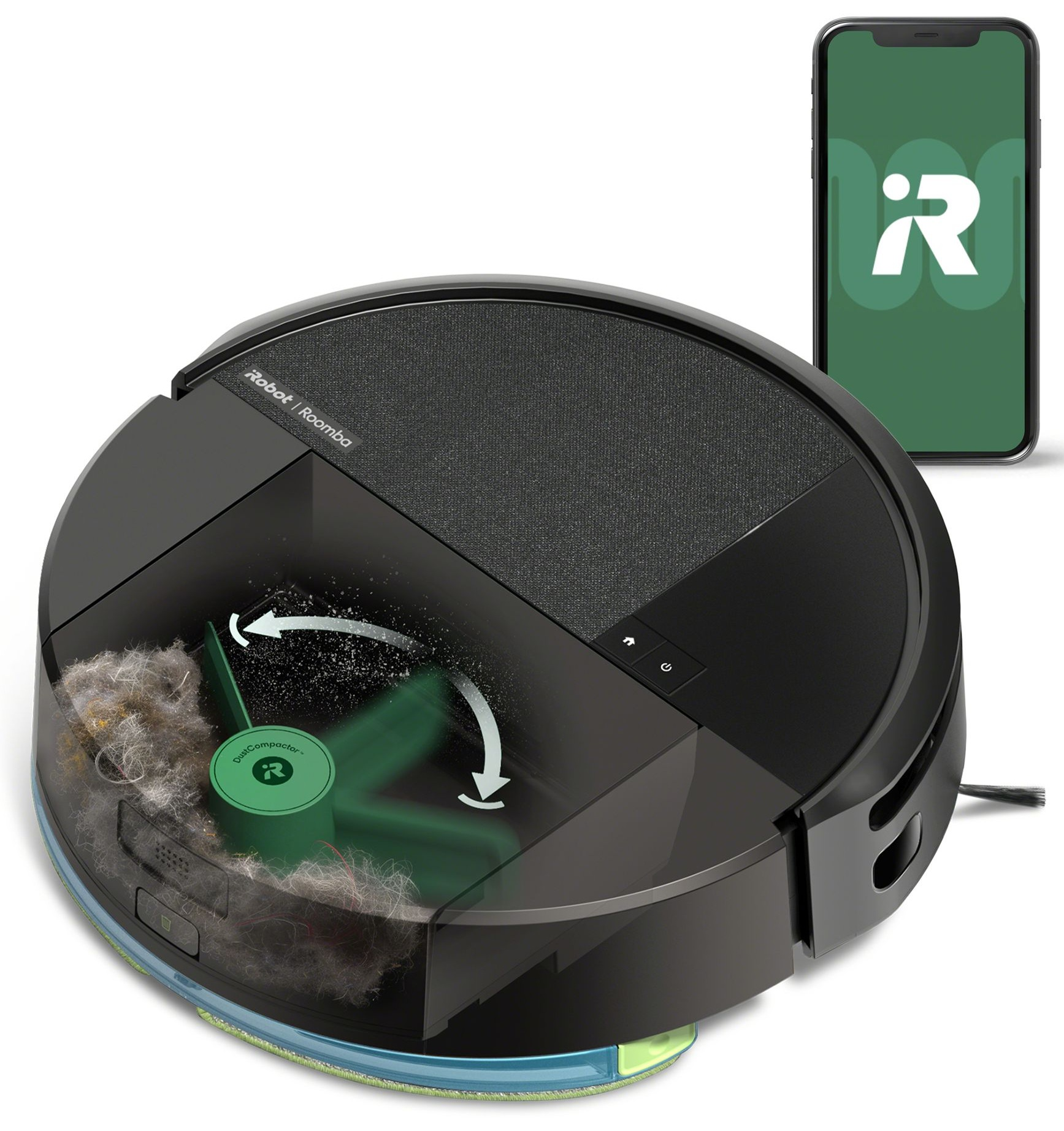 Robot Roomba z widocznym pojemnikiem na kurz. Smartfon wyświetla interfejs aplikacji.