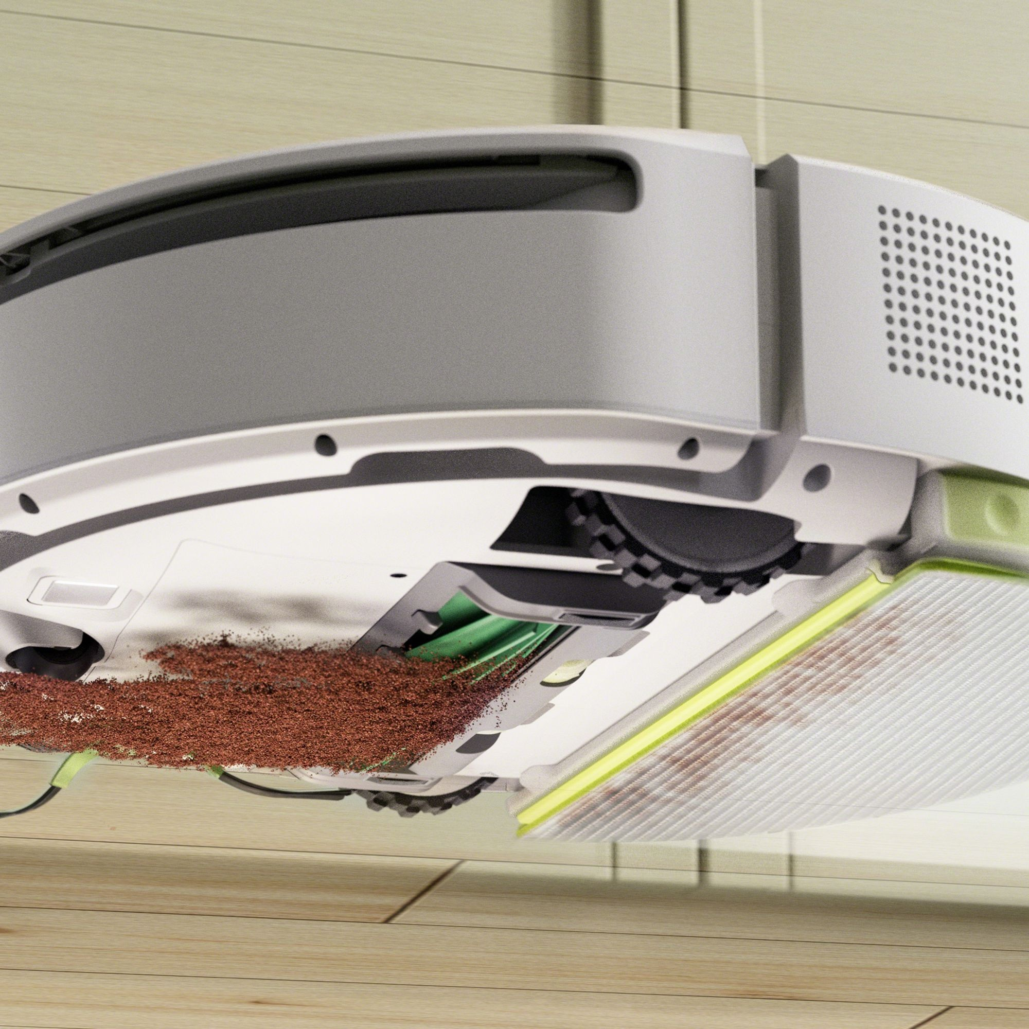 Odkurzacz robot z widocznym zbieraniem zanieczyszczeń. Szczegóły mechanizmu czyszczącego.