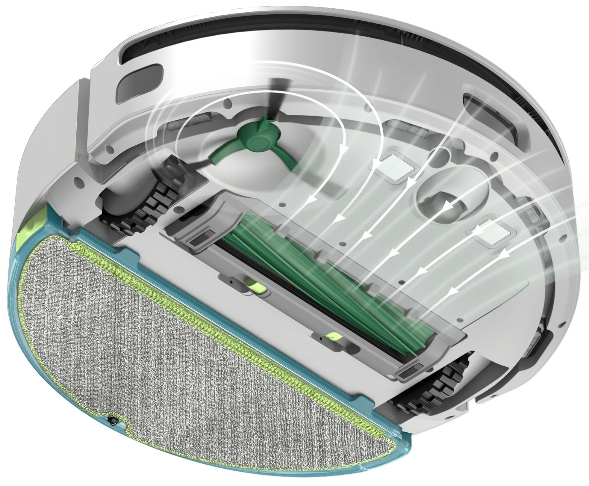 Przekrój odkurzacza robota, podkreślający jego wewnętrzne komponenty.