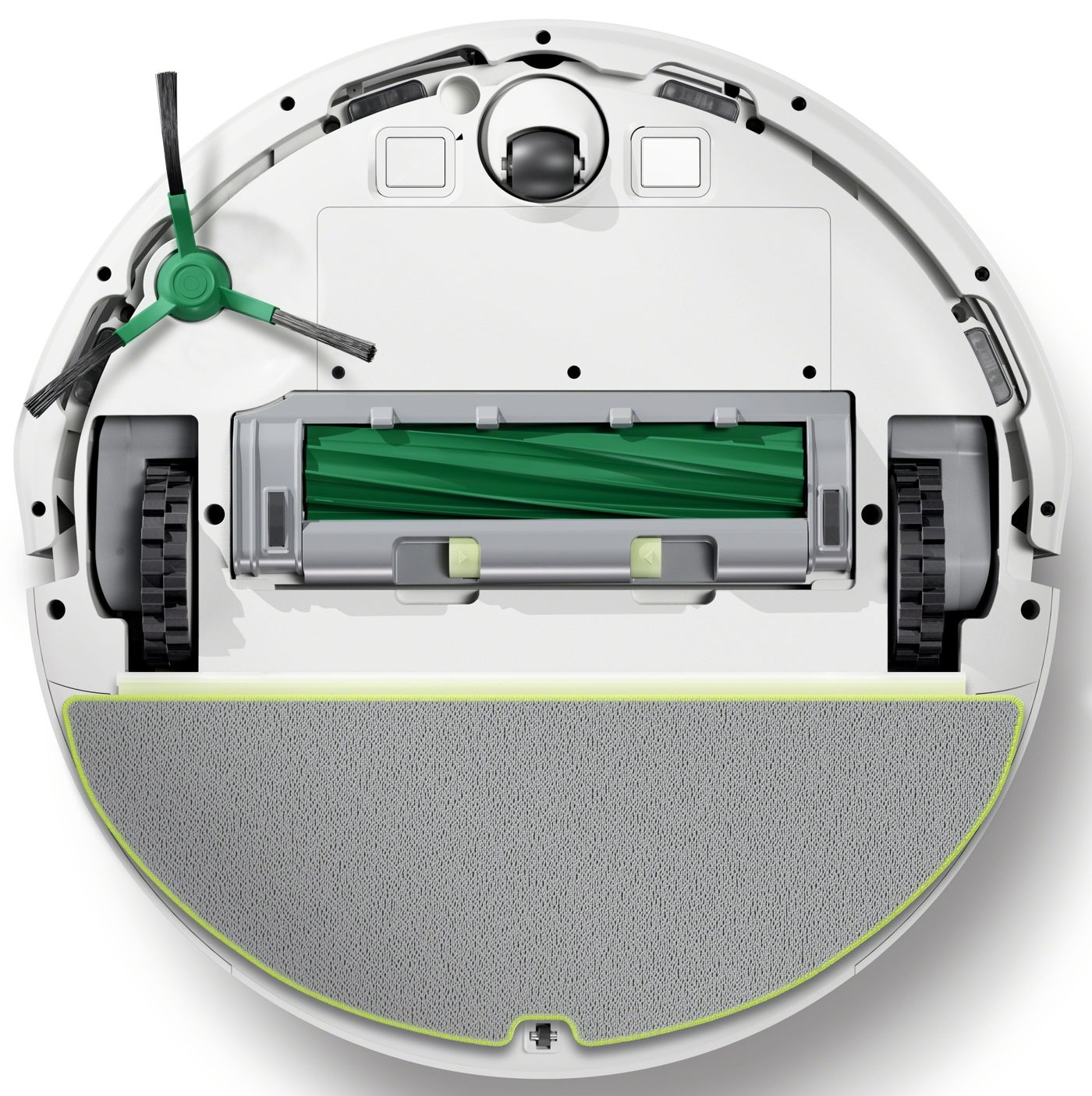 Robot odkurzający od dołu. Pokazuje szczotki, koła i nakładkę czyszczącą.