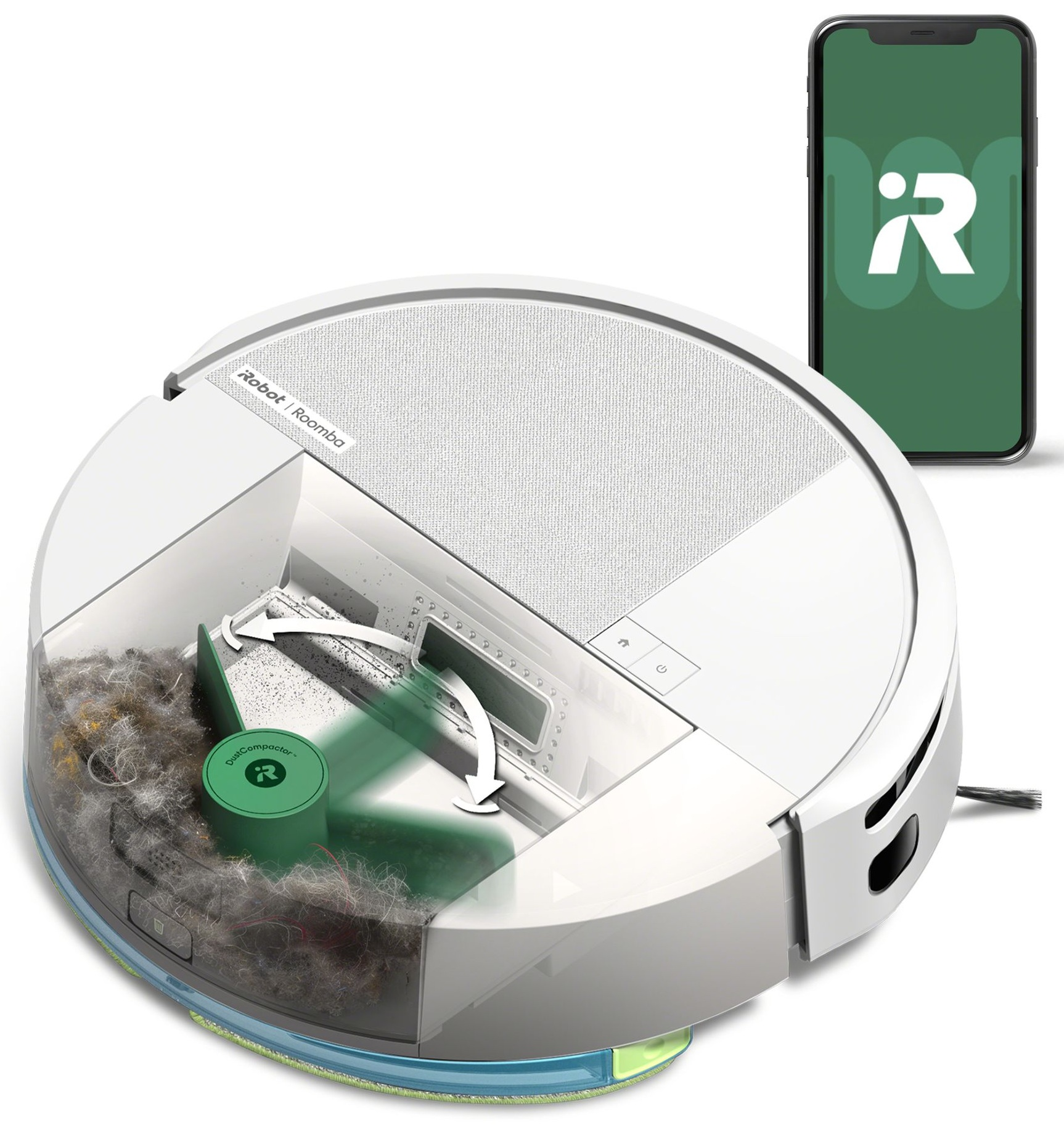 Biało-szary robot odkurzający z przezroczystą komorą, z telefonem.