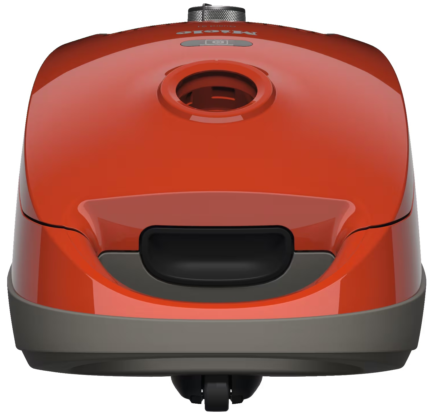 Czerwony odkurzacz z czarnym uchwytem i kołem.