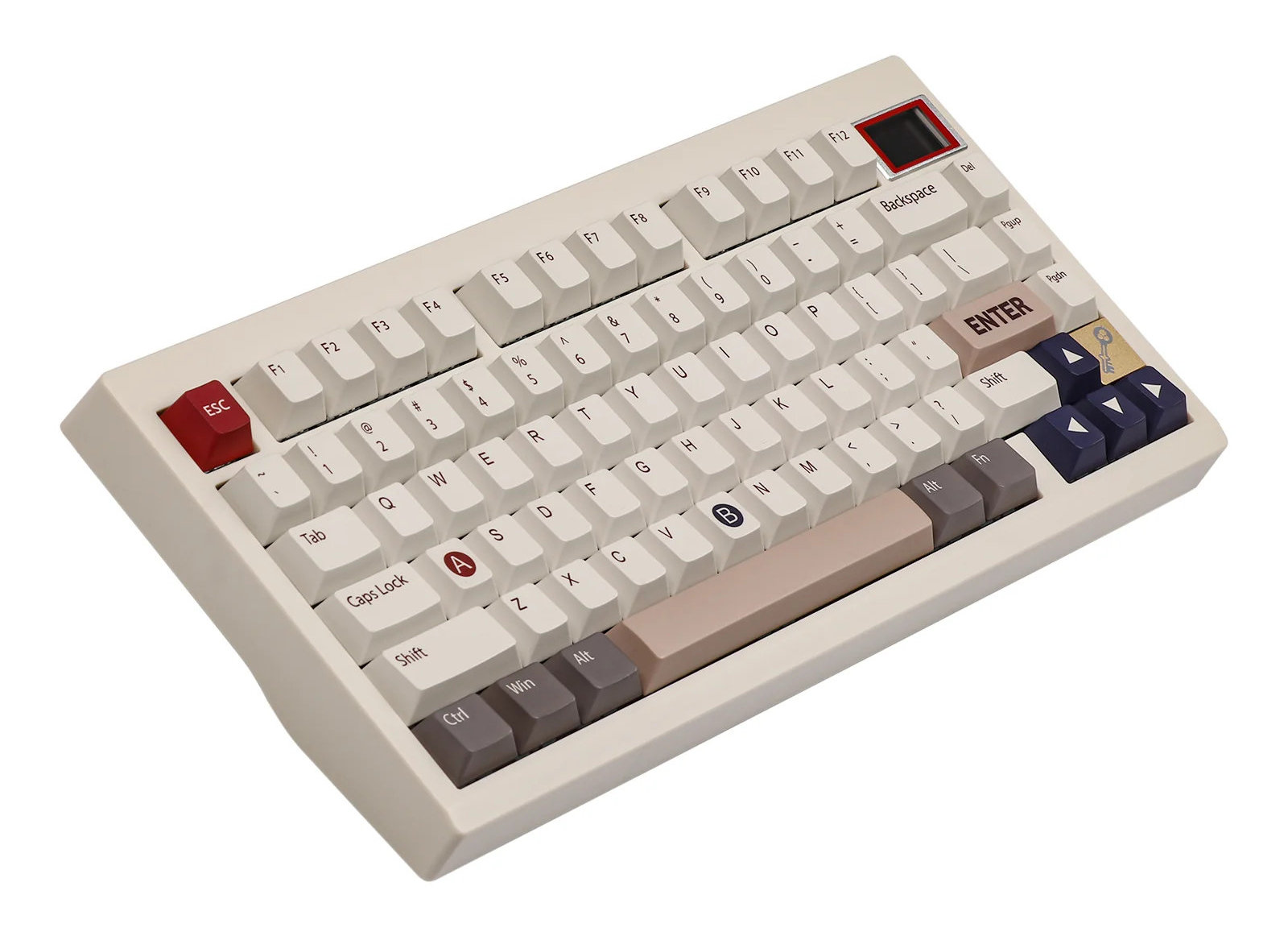 Biała klawiatura mechaniczna z kolorowymi nakładkami na klawisze i małym ekranem.