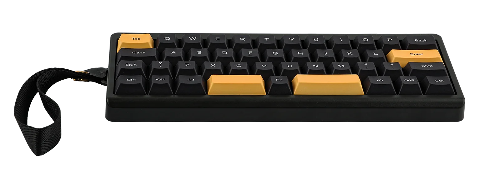 Mała, czarna klawiatura z żółtymi klawiszami. Klawiatura ma pasek na nadgarstek i czarne tło.