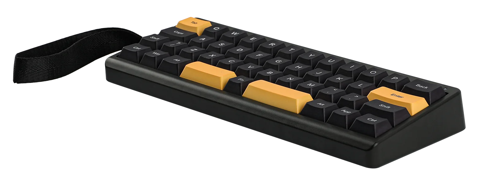 Mała, czarna klawiatura z żółtymi klawiszami. Dołączony czarny pasek. Żółte klawisze to Enter, Shift, Tab.