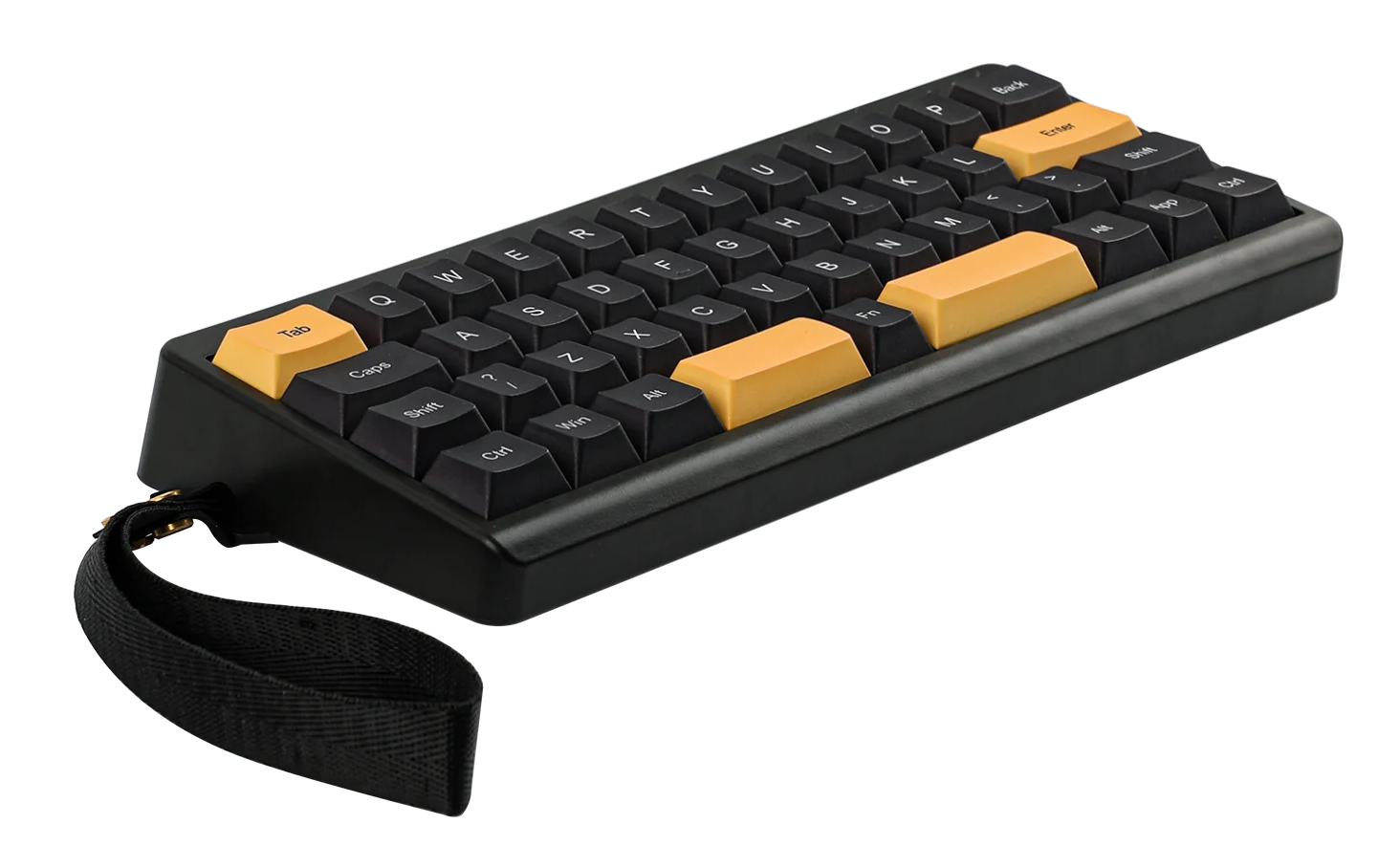 Czarna klawiatura z żółtymi klawiszami. Posiada czarny pasek na nadgarstek.