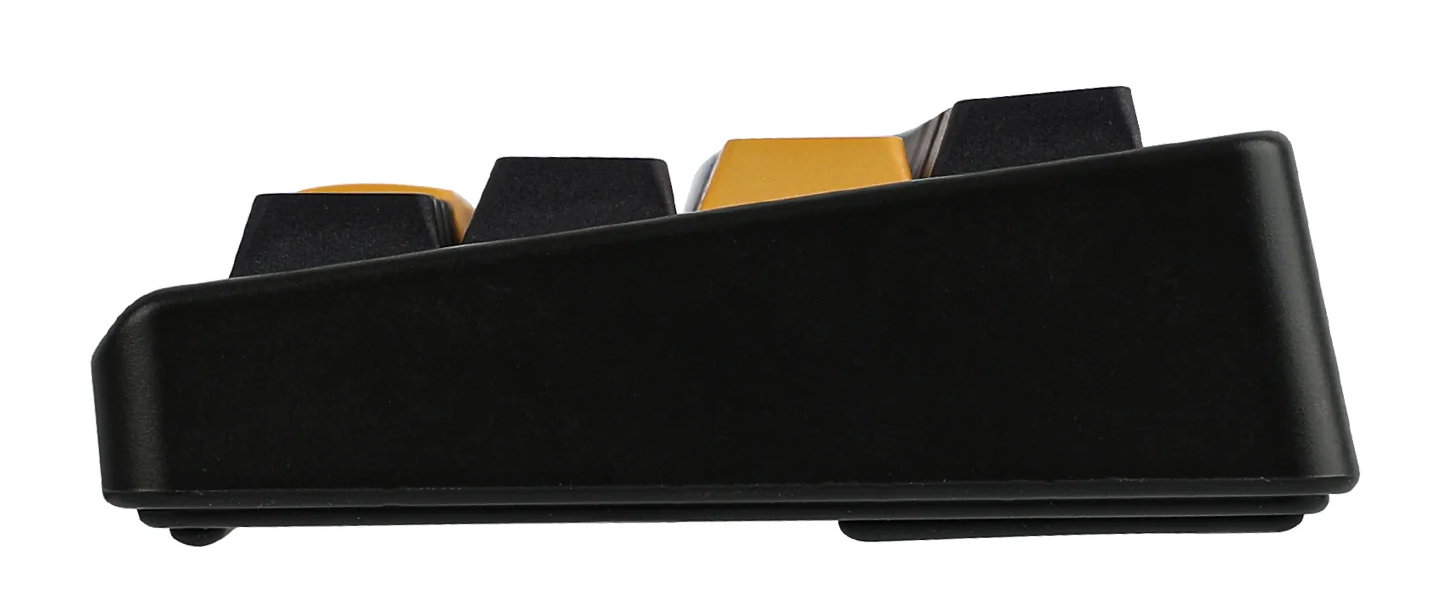 Widok z boku czarno-żółtej klawiatury mechanicznej, pokazujący klawisze i konstrukcję.