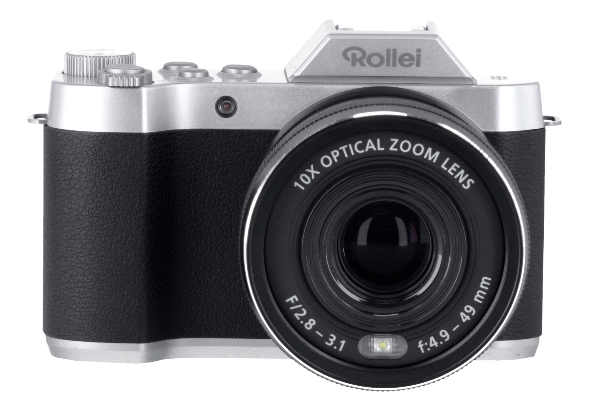 Fotocamera Rollei argento e nera con obiettivo zoom.