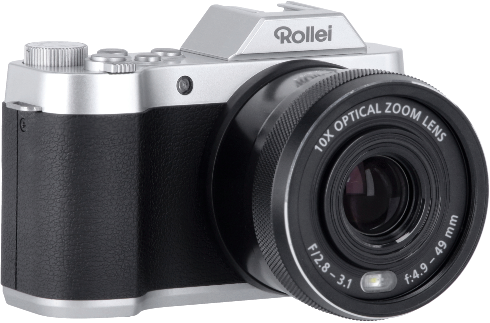 Fotocamera Rollei argento e nera. L'obiettivo è nero e zoom.