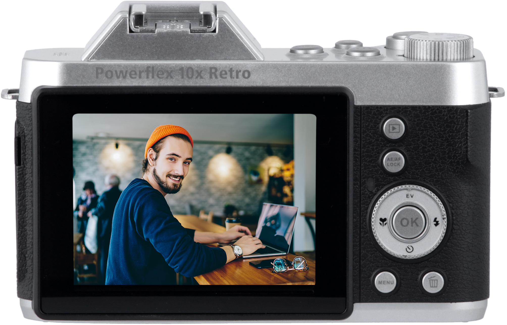 Il retro di una fotocamera argentata mostra un uomo che guarda un laptop. C'è uno schermo che mostra l'immagine.