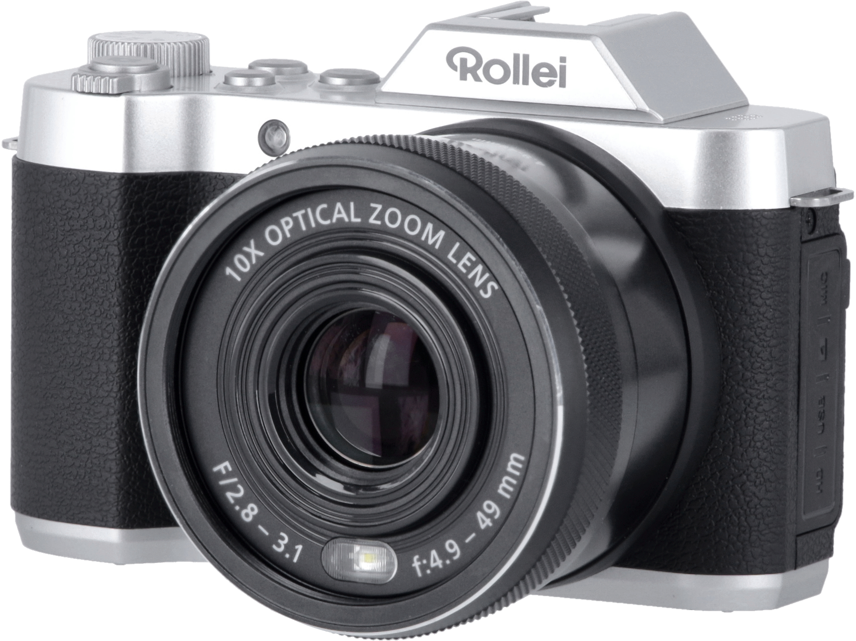 Fotocamera Rollei argento e nera con obiettivo zoom e vari comandi.