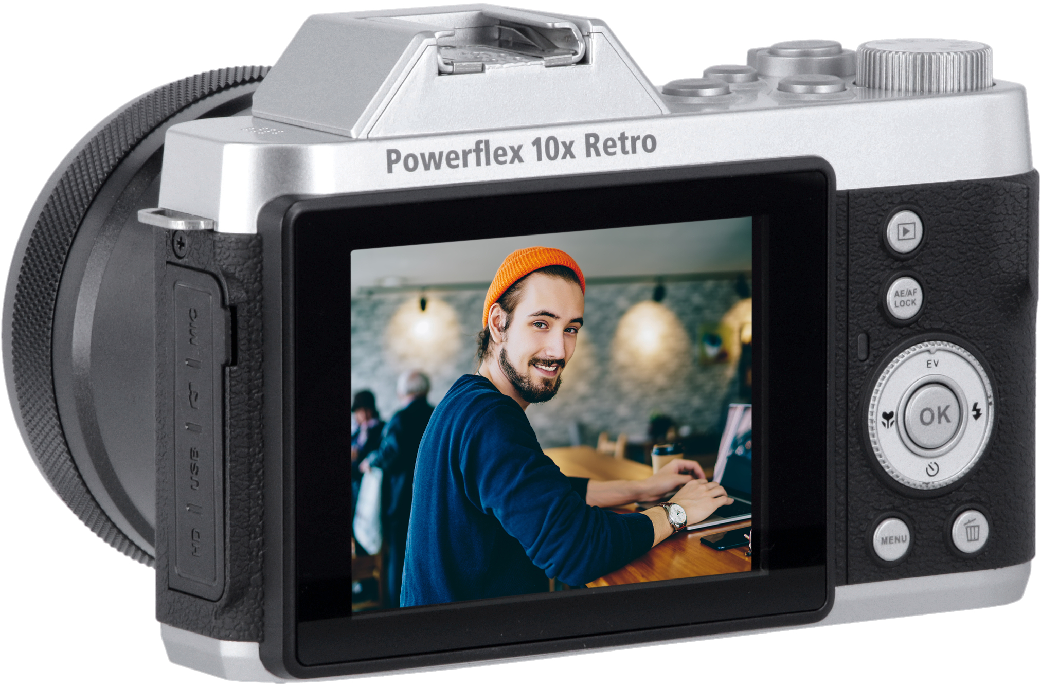 Una fotocamera che mostra un'immagine di un uomo che usa un laptop in un bar.