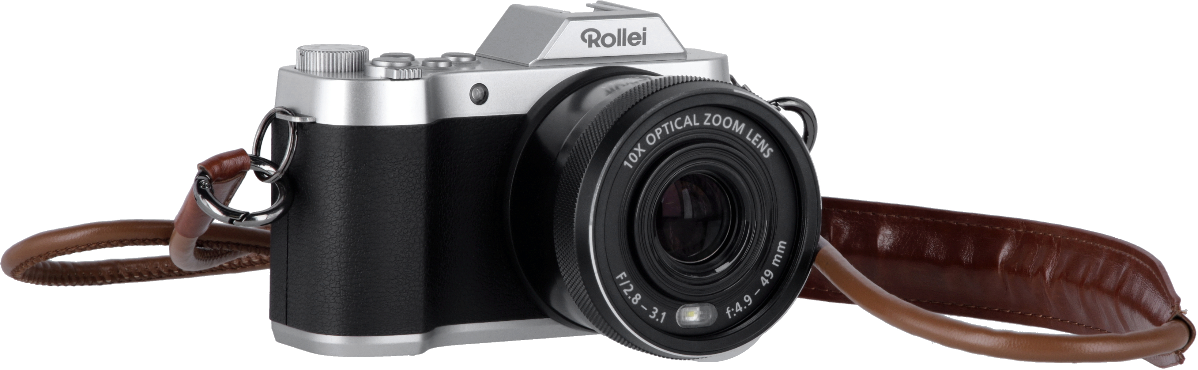 Fotocamera argento e nera con cinturino marrone e obiettivo. Il marchio è Rollei.