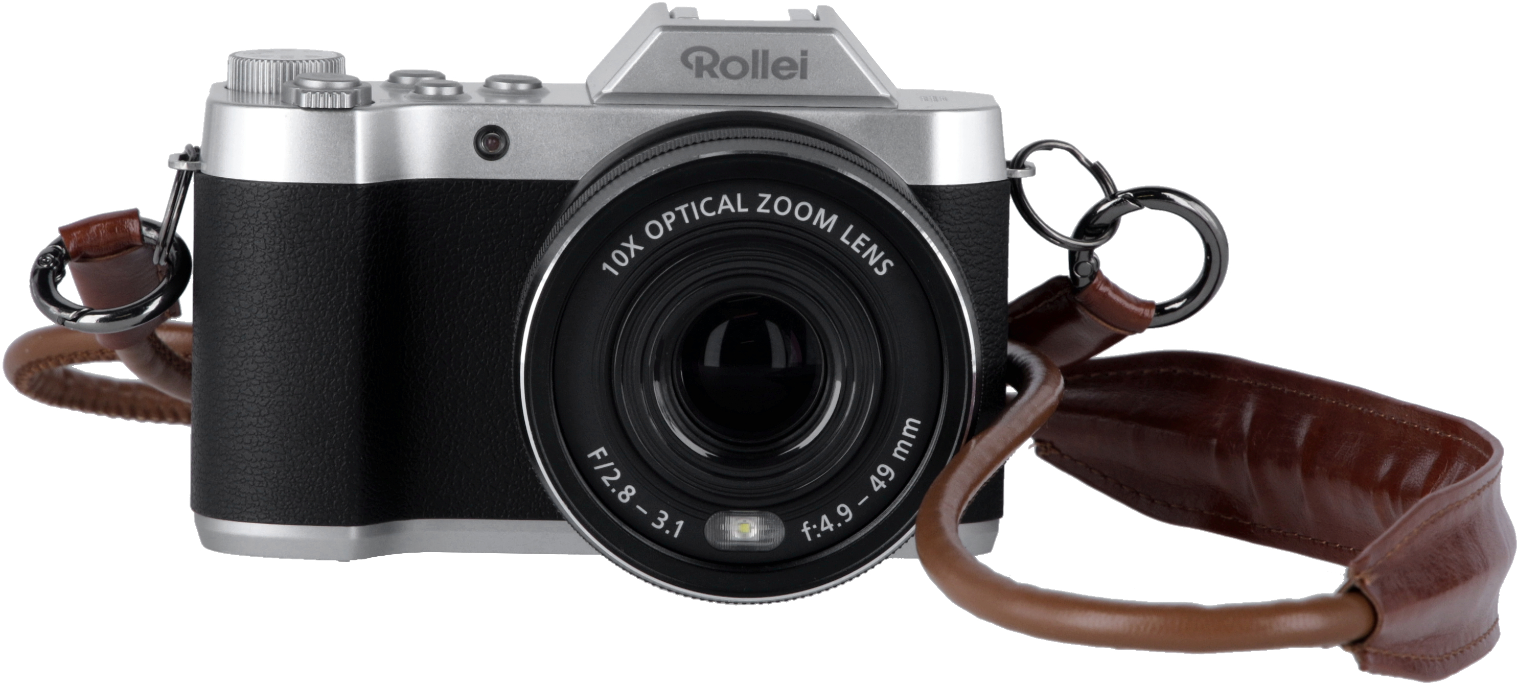 Fotocamera Rollei argento e nera con cinturino marrone, obiettivo e dettagli visibili.