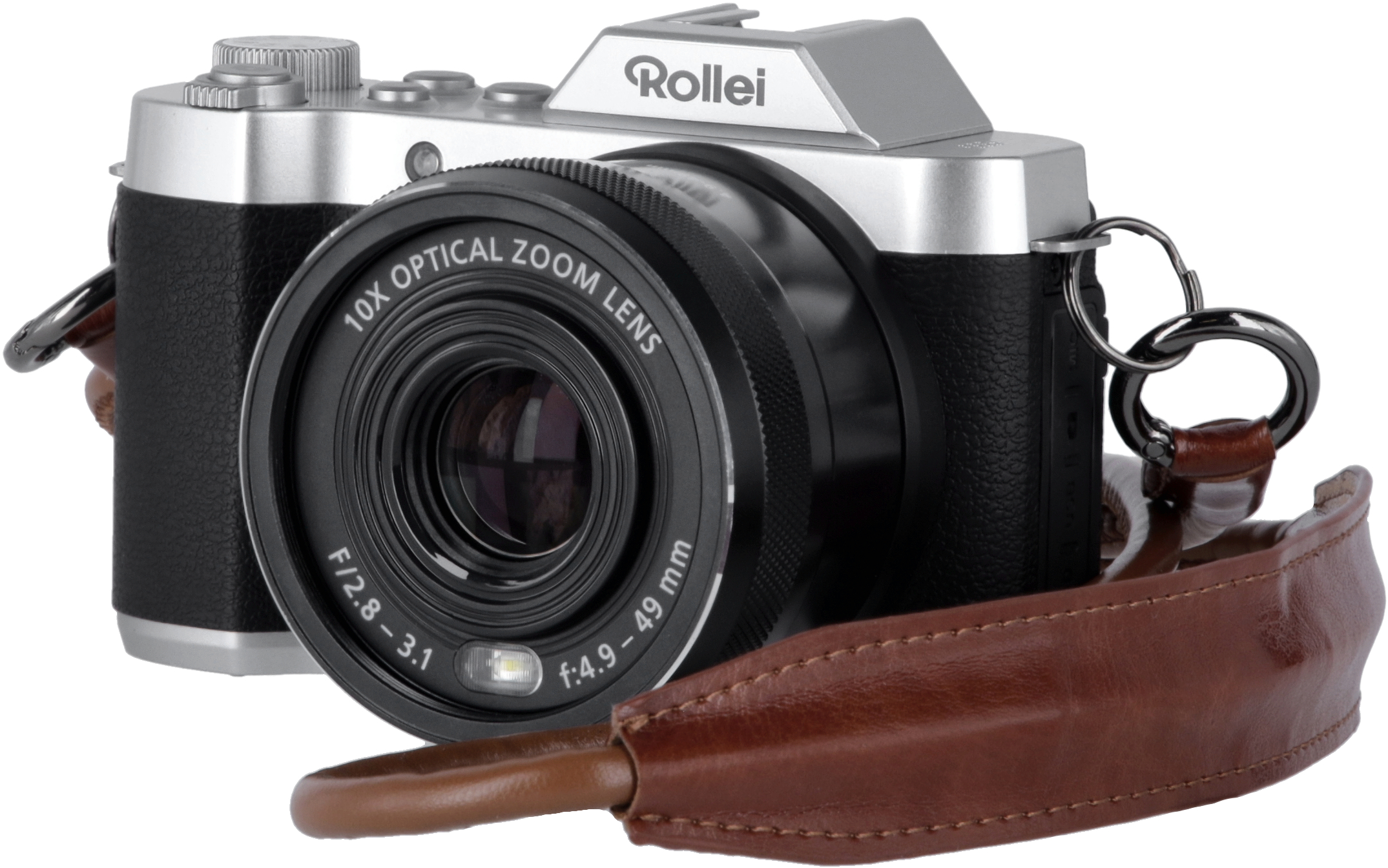 Fotocamera Rollei argento e nera con cinturino in pelle marrone. Zoom ottico.