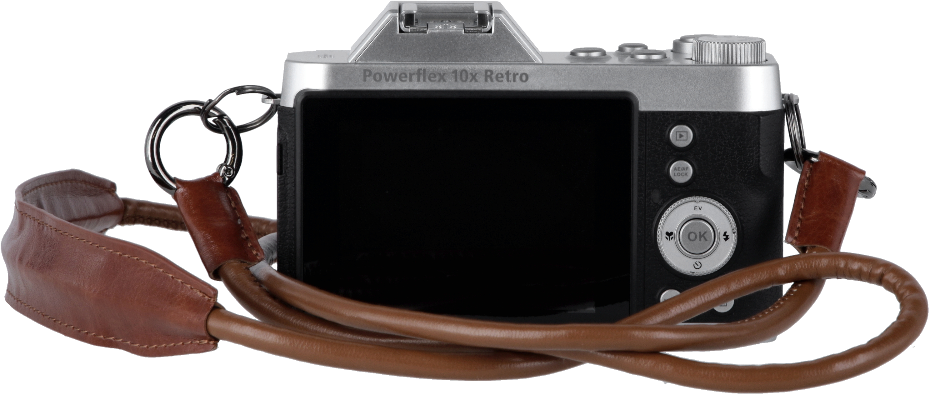 Retro di una fotocamera Powerflex 10x Retro argento, cinturino in pelle visibile.