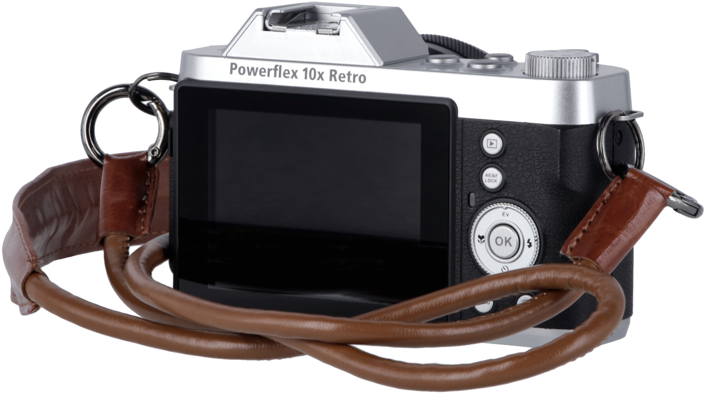 Fotocamera retrò argento e nera con cinturino in pelle marrone.