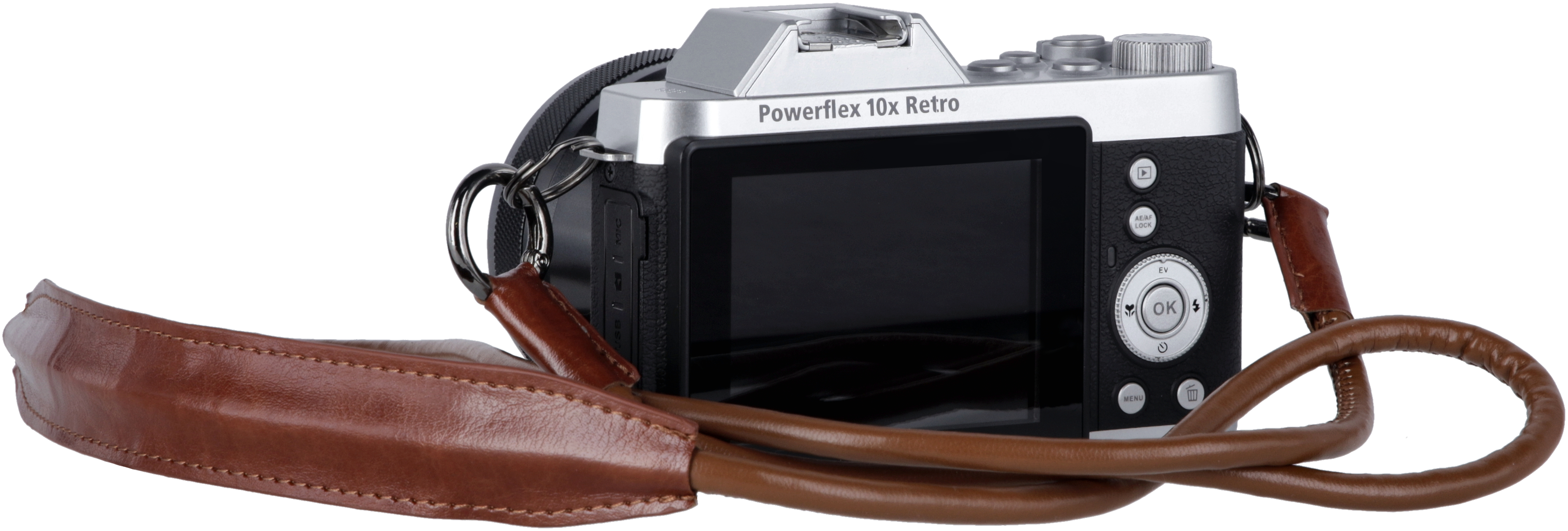 Una fotocamera in stile retrò con cinturino marrone, lo schermo mostra un'immagine.