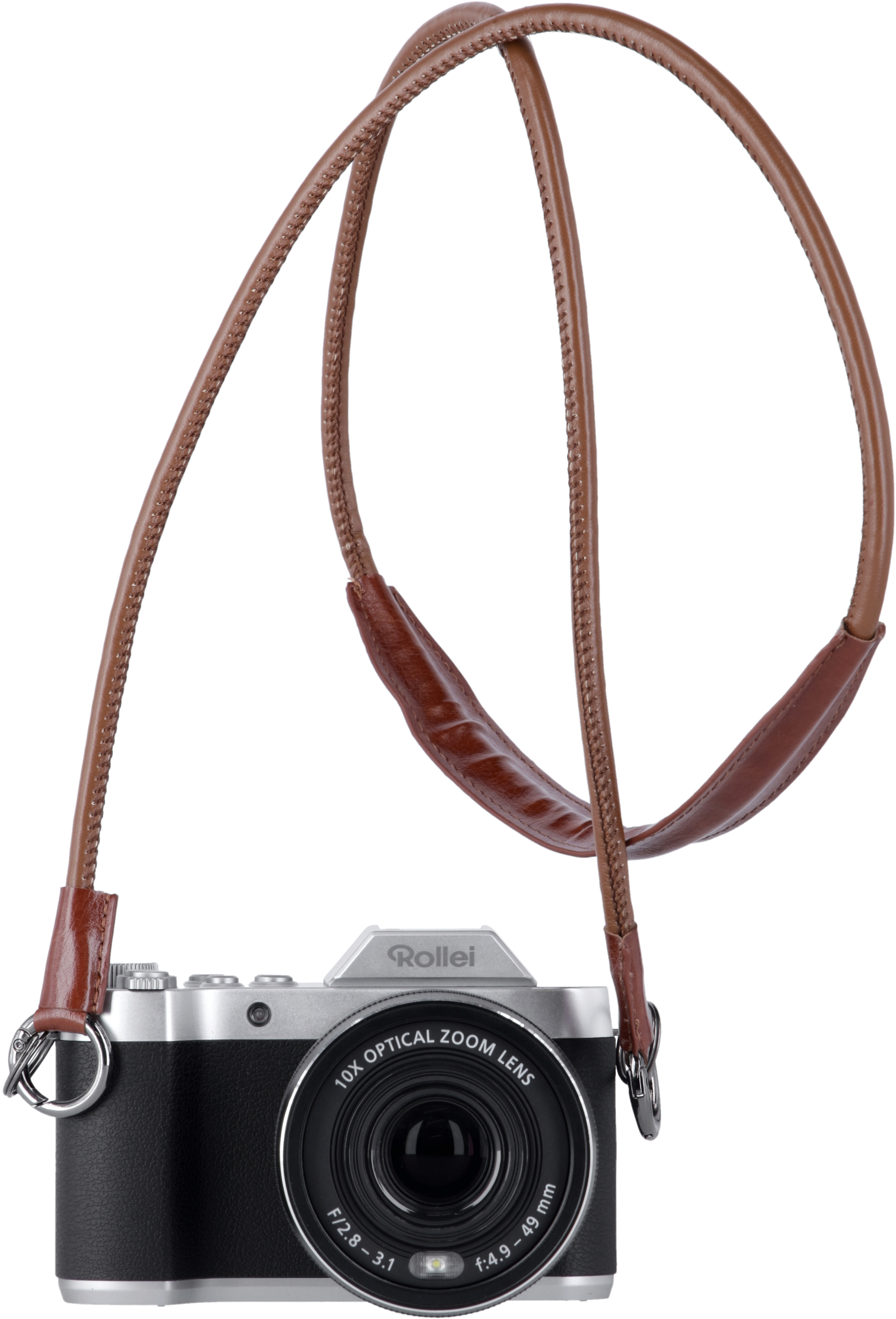Una fotocamera nera e argentata con cinturino in pelle marrone, obiettivo e testo.