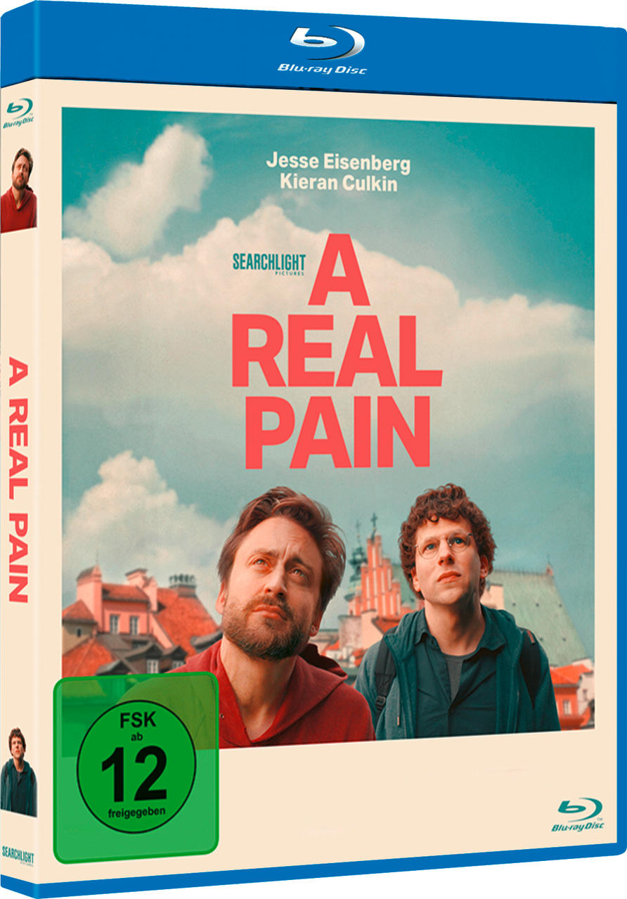 Eine Blu-ray Disc-Box des Films 'A Real Pain' mit zwei Männern auf dem Cover.