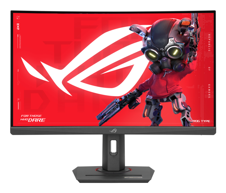 Ein schwarzer ROG-Gaming-Monitor mit rotem Hintergrund.