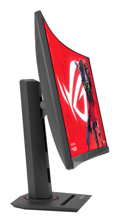 Gebogener Gaming-Monitor auf Ständer, rotes Display mit Spielfigur.