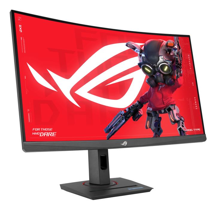 Gebogener Gaming-Monitor mit Cartoon-Figur auf dem Bildschirm.