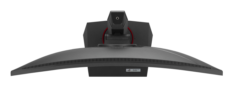 Die Unteransicht eines gewölbten, schwarzen Computermonitors mit Webcam.