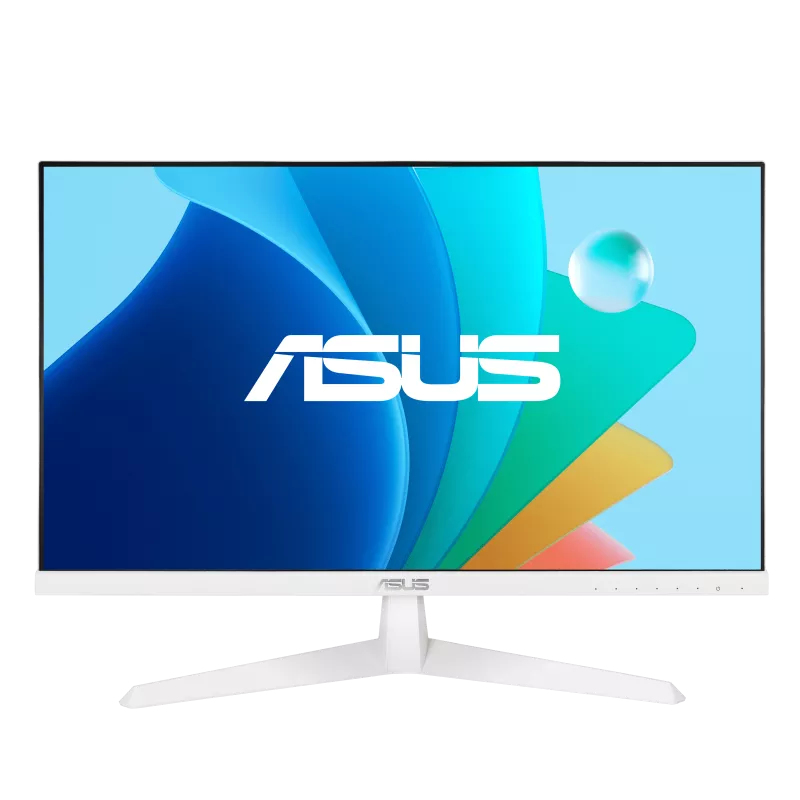 Weißer ASUS-Monitor mit blauem und weißem Bildschirm auf weißem Ständer.