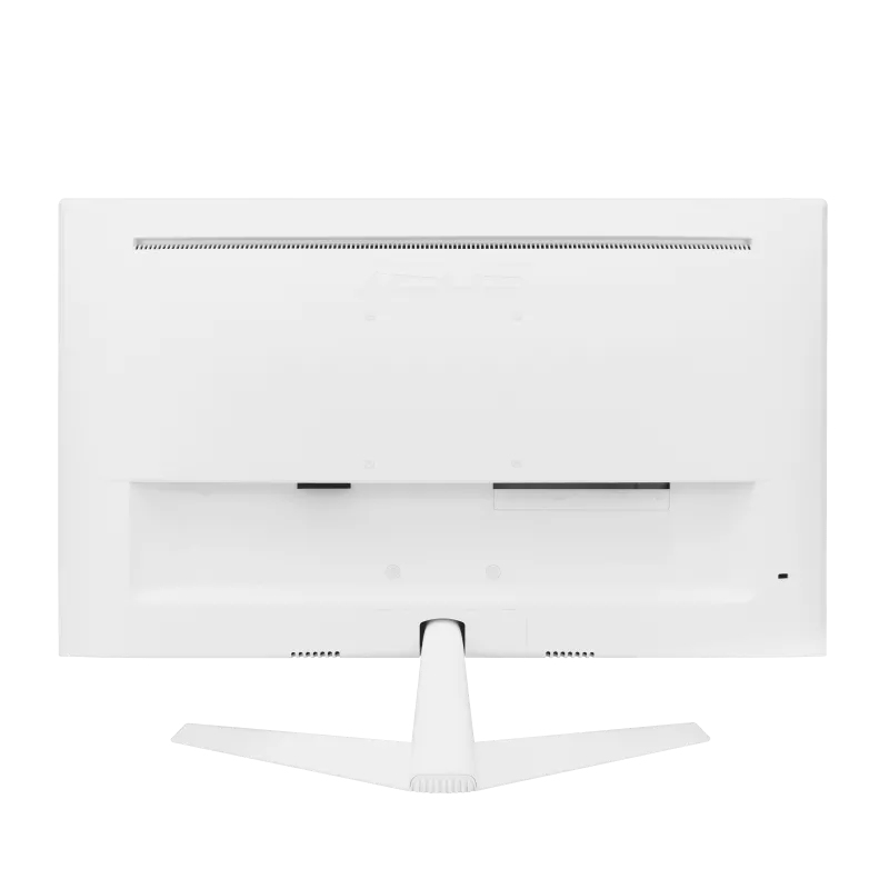 Ein weißer Computermonitor mit Ständer, von hinten betrachtet.