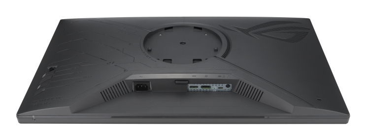 Rückansicht eines Gaming-Monitors mit Anschlüssen und Steckern.