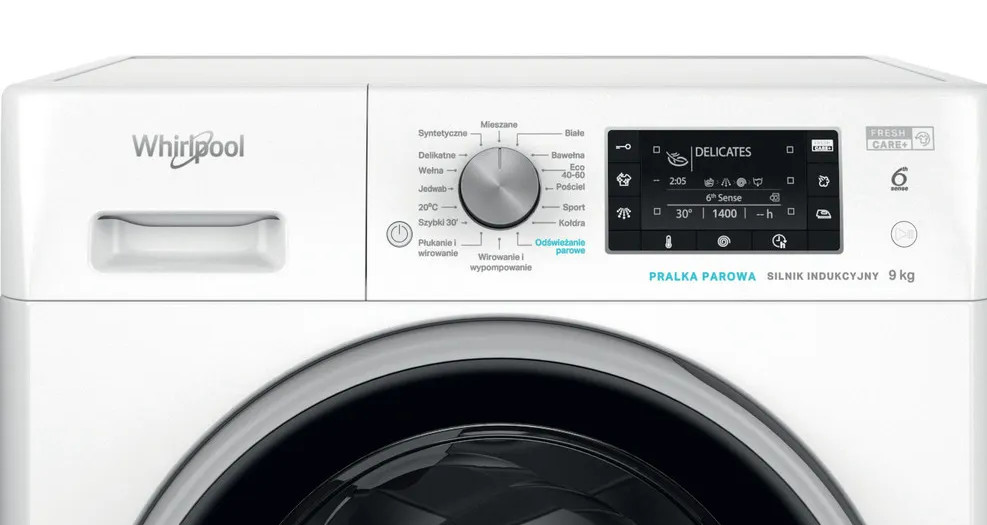 Panel sterowania pralki Whirlpool z różnymi ustawieniami programów.
