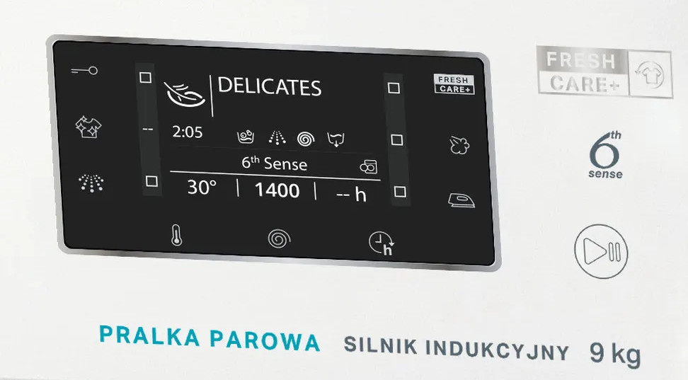 Zbliżenie panelu sterowania pralki. Wyświetla cykl prania i ustawienia.