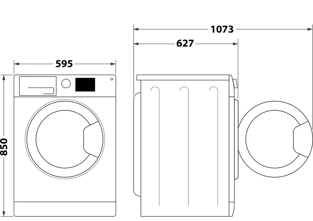 Schemat pralki z wymiarami w mm.