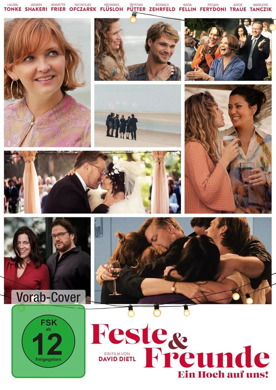 Filmposter für 'Feste & Freunde'. Es zeigt mehrere Bilder von Schauspielern und Szenen aus dem Film.