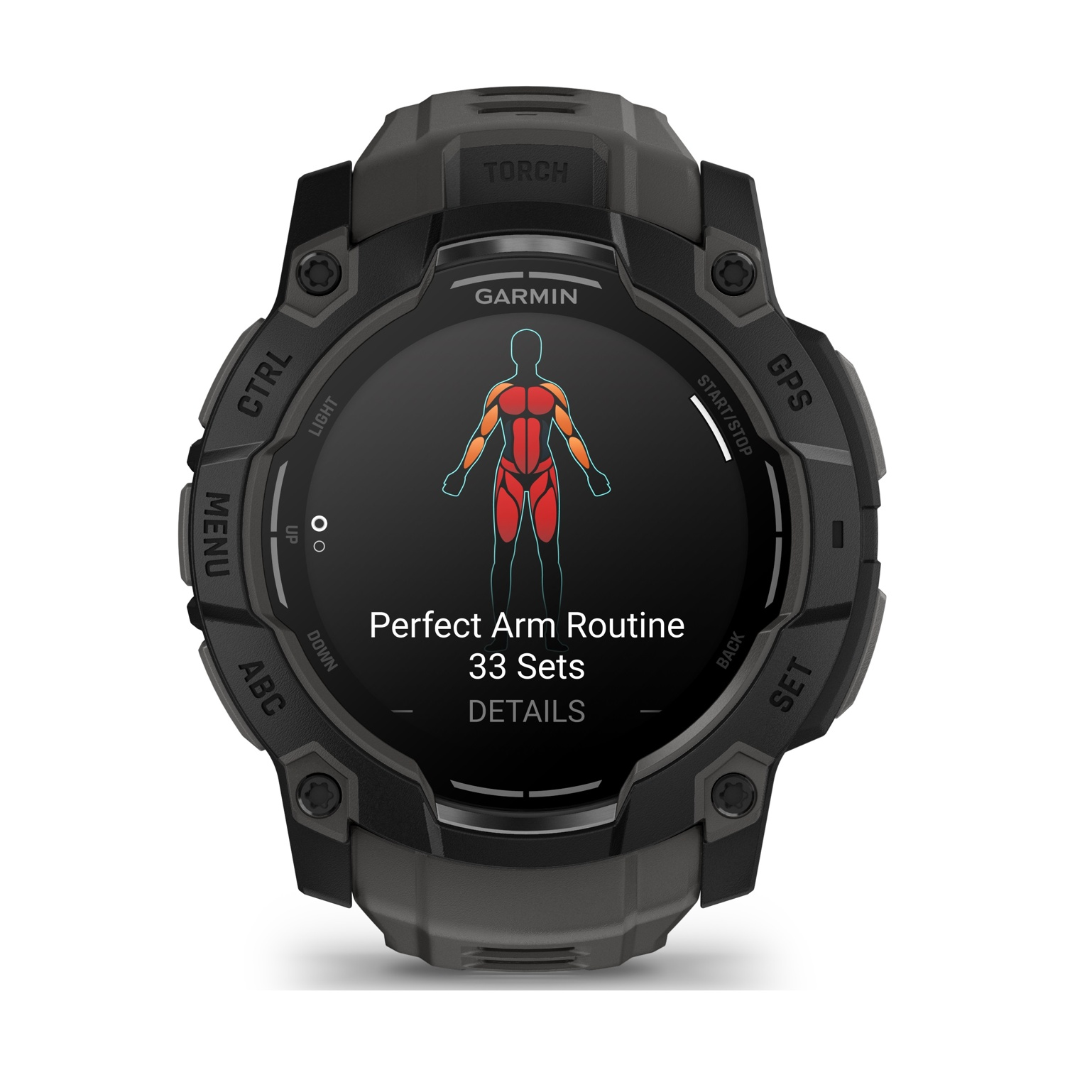 Uno smartwatch Garmin nero che mostra una routine di allenamento per le braccia sullo schermo.
