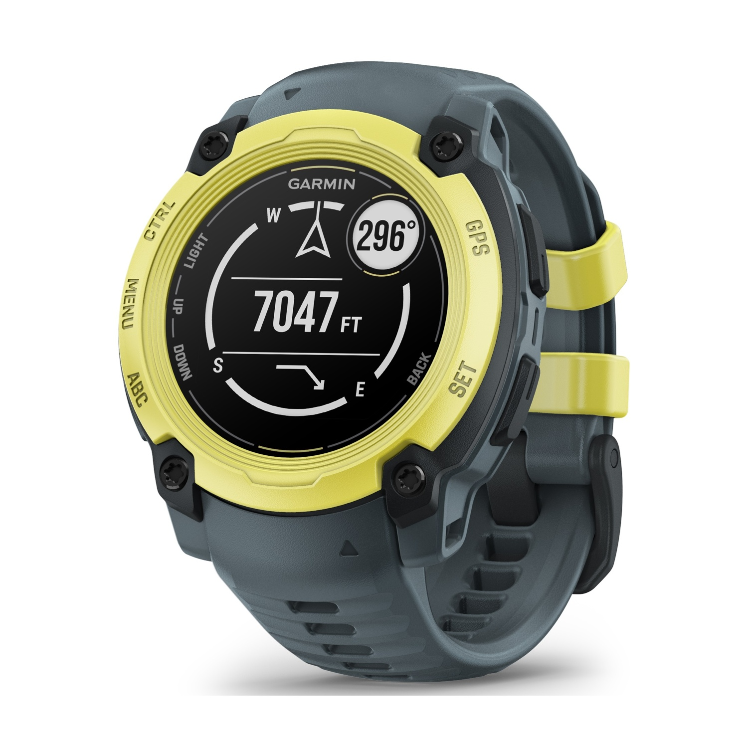 Uno smartwatch con un design giallo e grigio che mostra informazioni sul suo schermo.