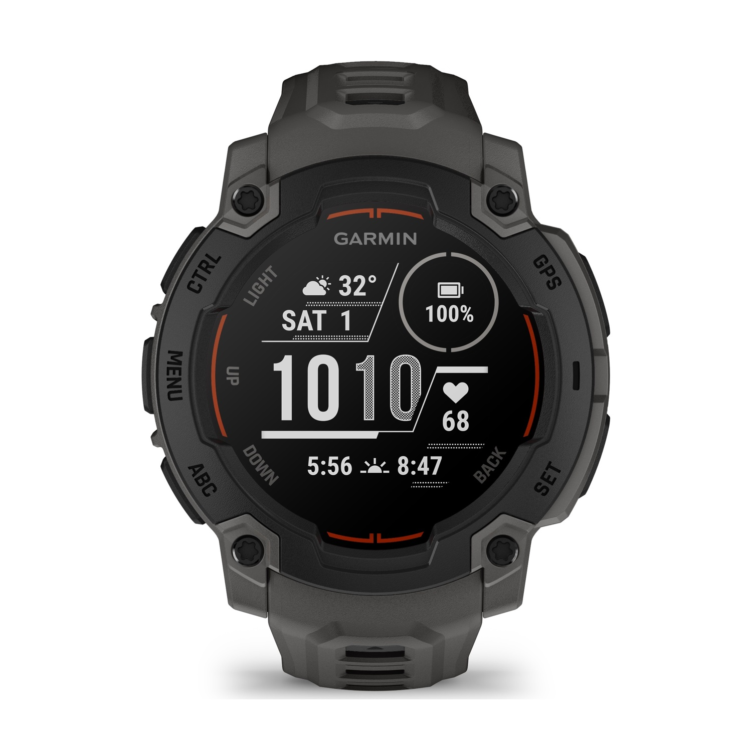 Smartwatch grigio mostra ora, batteria e frequenza cardiaca. Molti pulsanti e cinturino grigio.