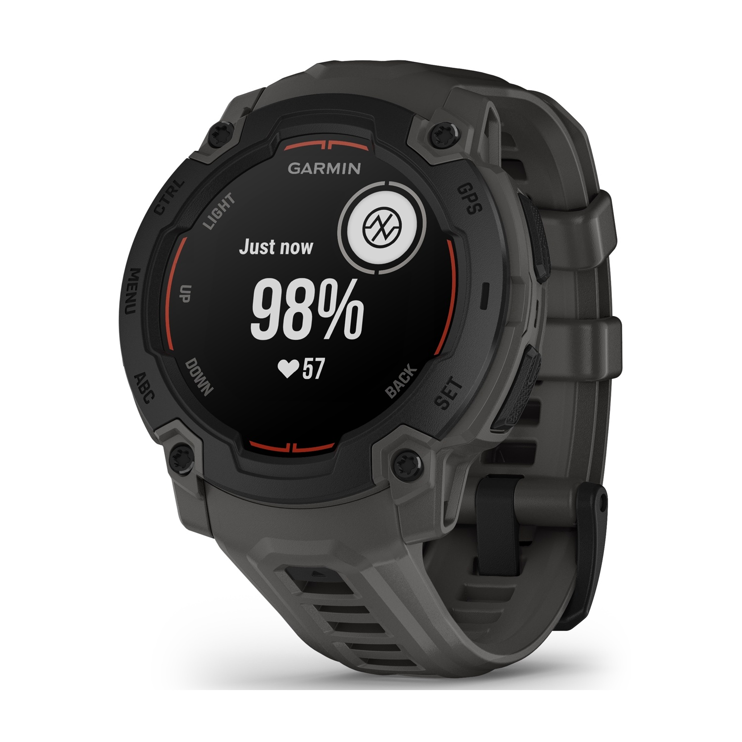 Smartwatch Garmin con display rotondo, mostra frequenza cardiaca e ora. Cinturino scuro.
