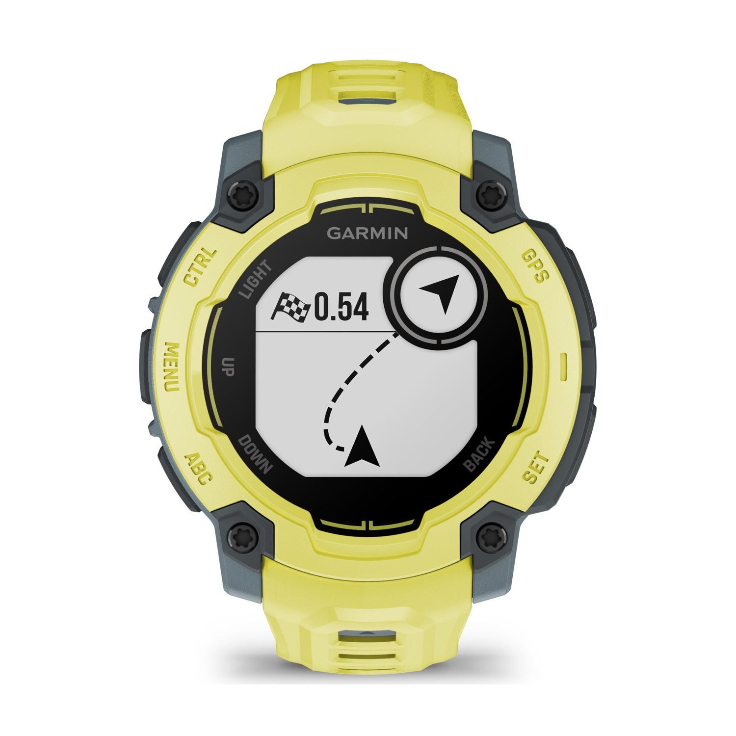 Orologio sportivo Garmin giallo con schermo nero che mostra mappa e dati.