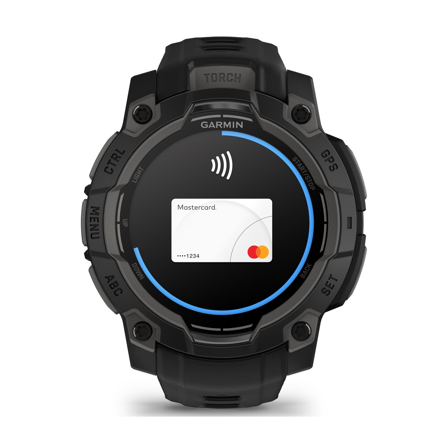 Smartwatch Garmin nero con Mastercard sullo schermo, mostra pagamento contactless.